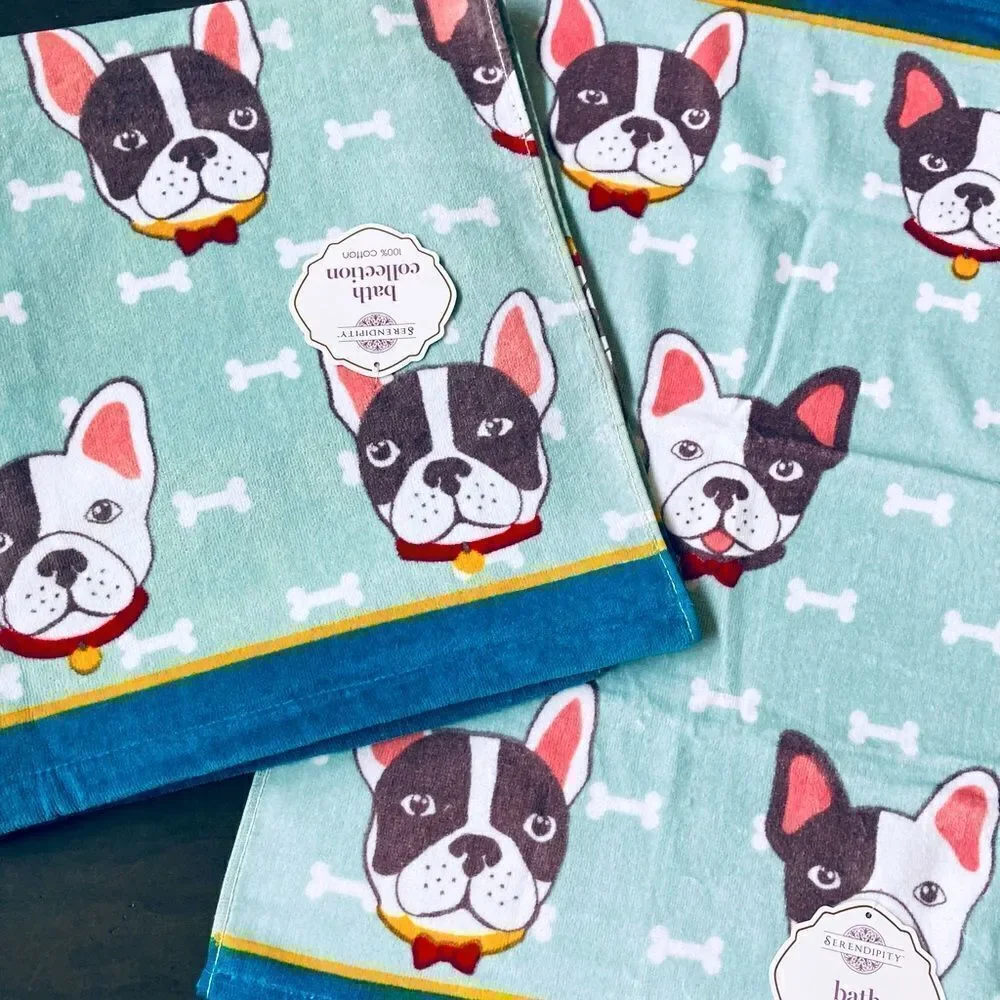 Boston Terrier Frenchie Dog Bone Print Bath Towels Set